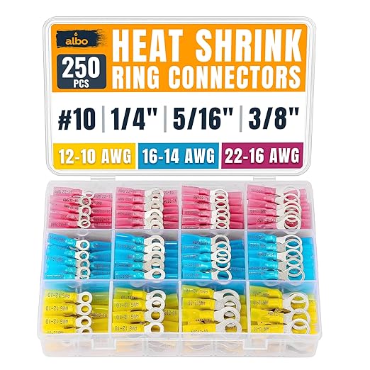 250PCS Heat Shrink Ring Terminal Kit – Wire Terminal Connectors Assortment for 22-10 AWG, Waterproof Electrical Connectors Set – Tinned Copper Electrical Ring Terminals