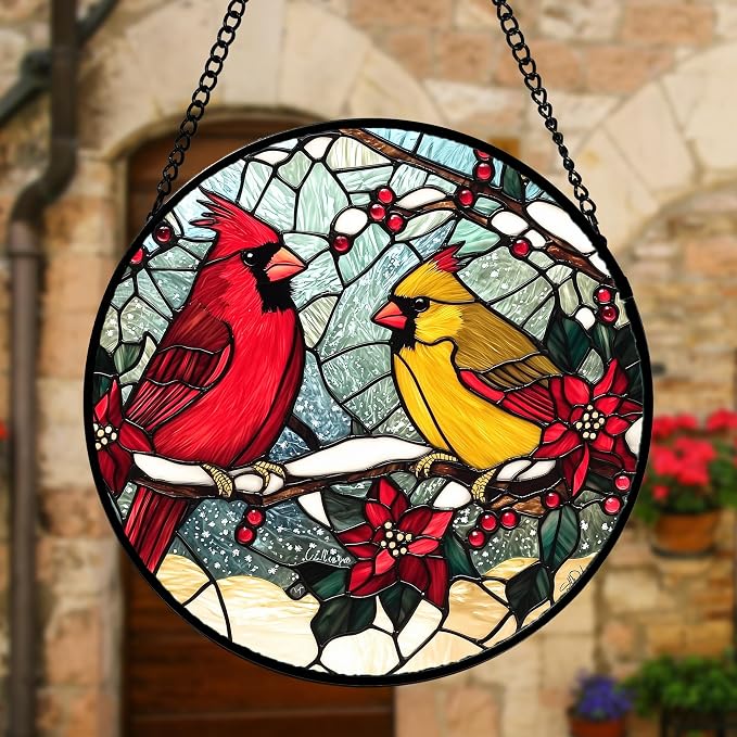 DASTOLL Stained Glass Window Hanging, Love Birds Cardinals Sun Catchers - Image 2
