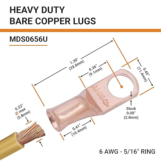 SELTERM 2pcs 6 AWG 5/16" Stud Copper Wire Lugs, Battery Lugs, Ring Terminals, Battery Cable Ends, 6 Gauge Ring Terminal Connectors, UL Heavy Duty Bare Copper Eyelets Battery Terminal Connectors