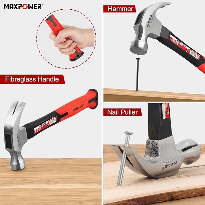 MAXPOWER Hammer Set, 8oz & 20oz Claw Hammers, Polished Carbon Steel Hammer-Head & Fiberglass Handle with Rubber Grip