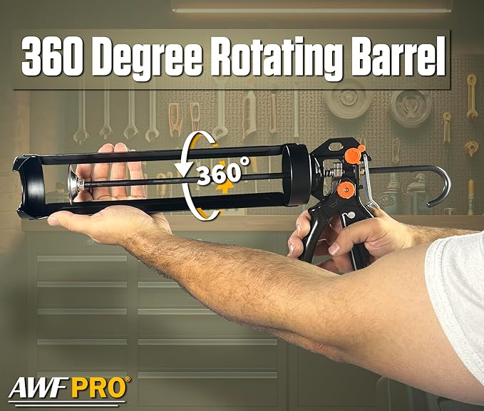 AWF PRO 29 oz Dual Thrust Caulk Gun - 25:1 or 12:1 Thrust Ratio, Dripless, Rotating Barrel, Comfort Grip, with Built-In Puncture Tool