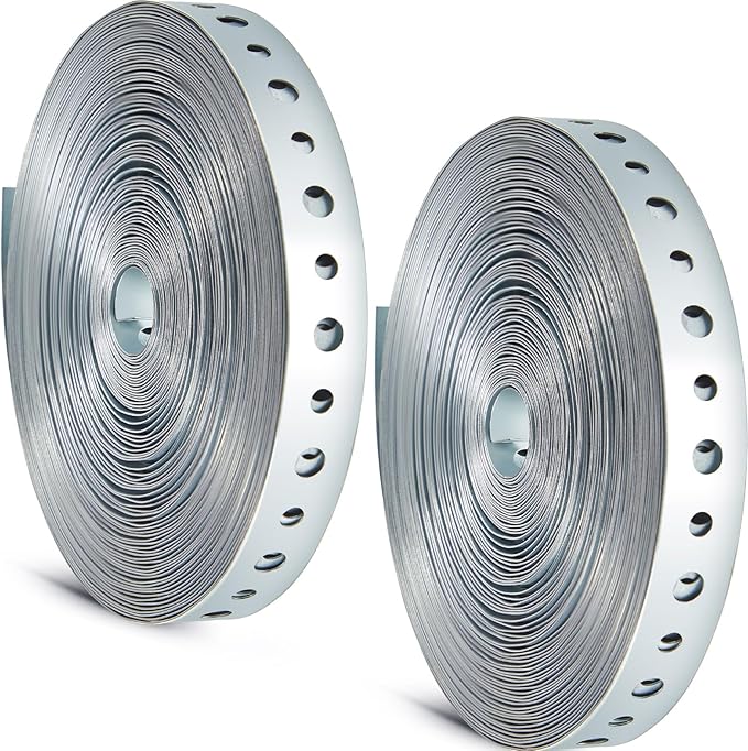 Gisafai 2 Rolls Galvanized Metal Pipe Strap 3/4 Inch x 50 ft 24 Gauge Total 100 ft Bendable Pipe Hanger Strap with Holes for Pipeline Supports Hanging, Flexible Trimming