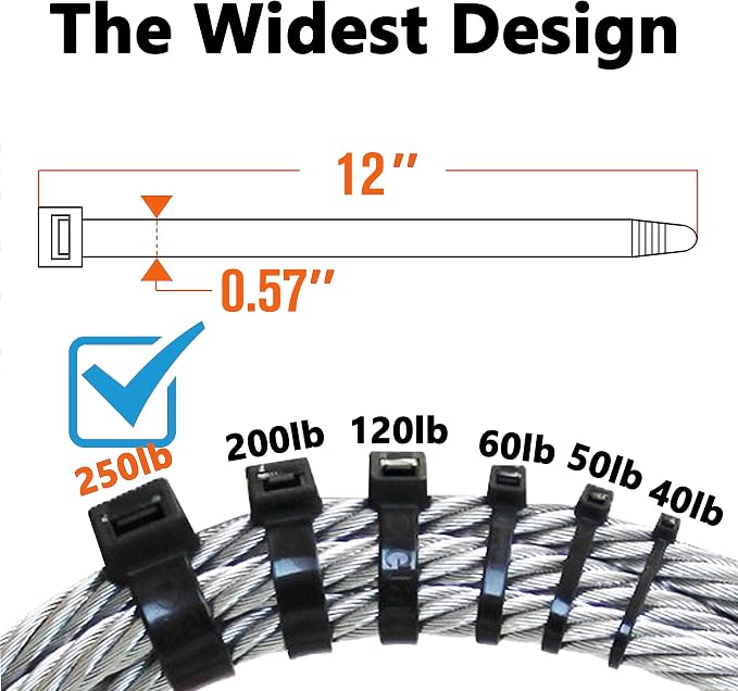 250lb White Zip Ties Heavy Duty 12 Inch Outdoor, Extra Large Cable Tie Wraps - Image 2