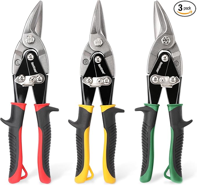 HURRICANE 3 pc Aviation Tin Snips Set, Metal Cutter Shear for Cut Sheet Metal, Chrome Vanadium Steel, Straight Left and Right, Ergonomical TyreGrip Handle with Hang Hole and Safety Latch