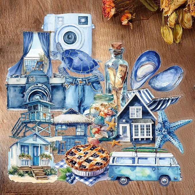 50PCS Transparent Blue Beach Stickers Aesthetic PET Stickers Blue Ocean Decal - Image 3