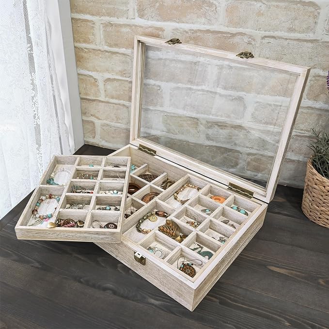 MOOCA Tempered Glass Jewelry Box Organizer, Two-Layer Jewelry Display Case - Image 6