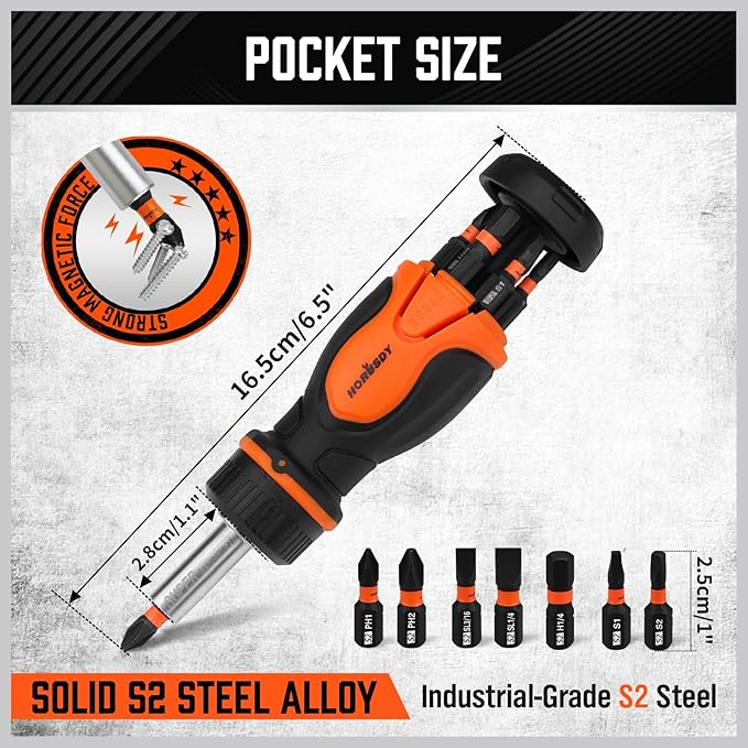 Magnetic Portable Screwdriver Bit Set: 8-in-1 Ratcheting Screw Driver Includes 1/4”Bit Driver Screwdrivers Holder, 7 Screwdriver Bits with Phillips, Slotted, Square, Hex, for Garage & Daily Repair