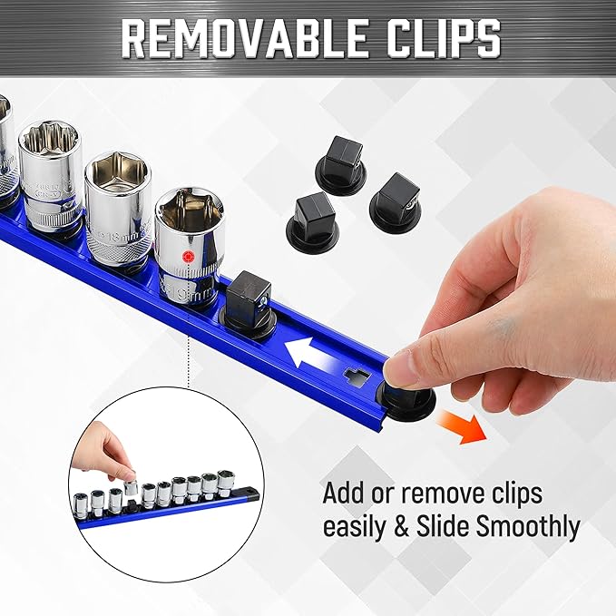 ALOANES 6-Piece Magnetic Socket Organizer, Heavy Duty Aluminum Socket Rails Organizer, 360° Swivel Clips Socket Holder Kit for Tool Box, 1/2, 3/8, 1/4-Inch Socket Holder x 80 Clips (Red&Blue)