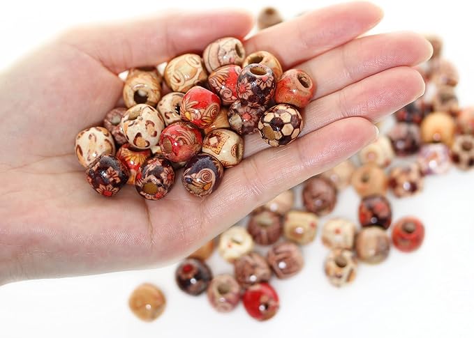 300pcs Mixed Painted Barrel Wood Spacer Beads, BetterJonny 12mm Round Printed - Image 7