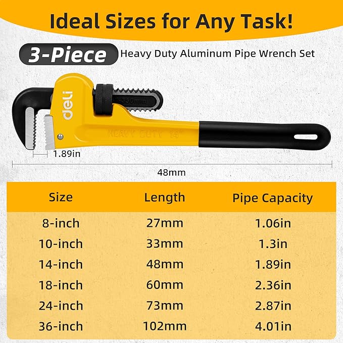 deli Pipe Wrench 14-inch, Heavy Duty Straight Adjustable Wrench, Professional Plumbing wrench tools, for Pipe, Home, Vehicle repair
