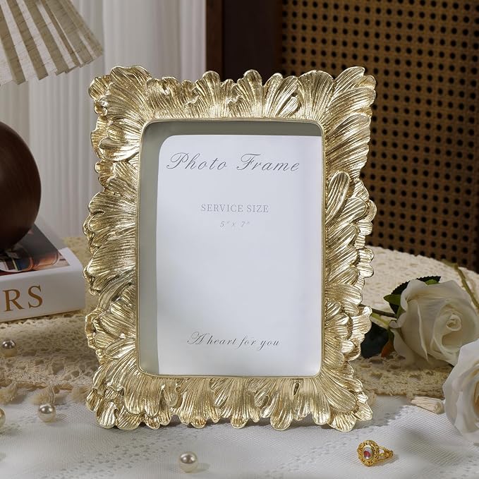 Cuspin 5x7 Picture Frame Gold Frames, Vintage Ornate Palm Leaves Textured - Image 3