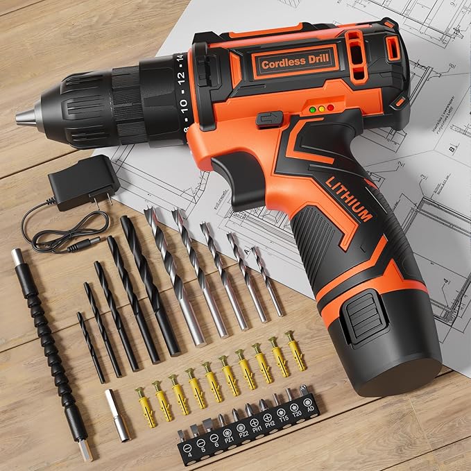Cordless Drill Set,12V Power Drill Driver 3/8" Keyless Chuck with 42 Acessories, Built-in LED Light, 25+1 Position, Electric Drill for Home DIY Projects (Orange)