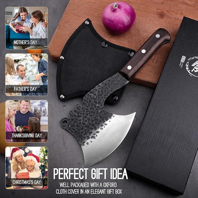ROCOCO Meat Bone Cleaver Knife for Meat Cutting Handmade Heavy Duty Butcher Axes Hand Forged Full Tang Chopper for Kitchen Outdoor BBQ Chirstmas Mother Father Gifts Idea Men Black