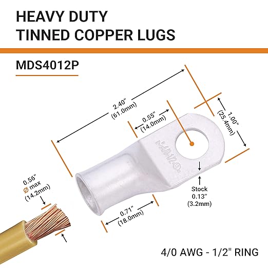 SELTERM 5pcs 4/0 AWG 1/2" Stud Tinned Copper Wire Lugs, Battery Lugs, Ring Terminals, Battery Cable Ends, 0000 Gauge Ring Terminal Connectors, UL Marine Grade Electrical Battery Terminal Connectors
