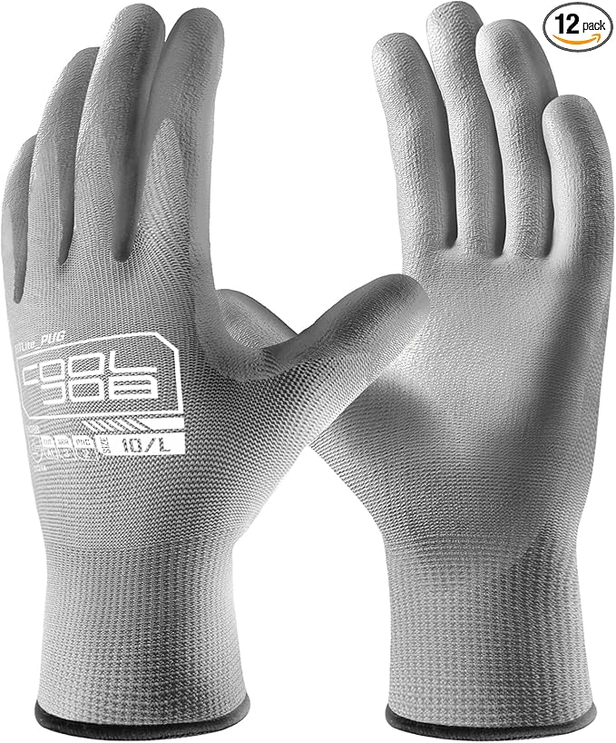 COOLJOB 12/60 Pairs Safety Work Gloves Pack Bulk with Grip PU Coating, 13 Gauge Seamless Knit Gloves with Polyurethane Dipped for Warehouse Working, Breathable Lightweight for Men Women, Grey Medium