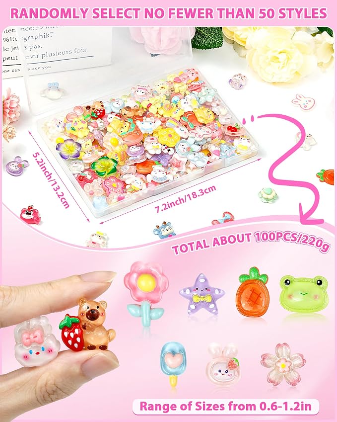 FIVEIZERO 100PCS Cute Slime Charms, Kawaii Flatback Resin Charms | 50+ Unique - Image 2