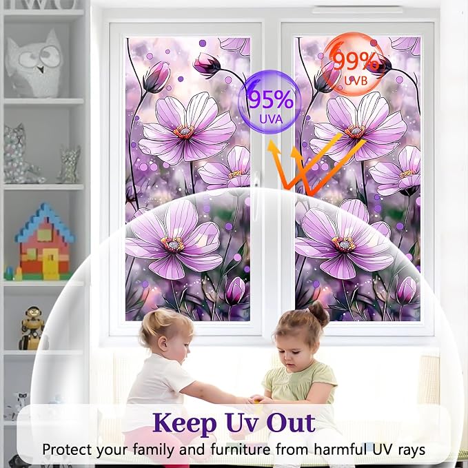 Bloss Flower Privacy Window Film, Faux 3D Floral Stained Glass Windows Film - Image 3
