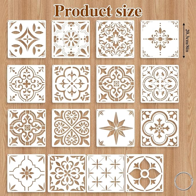 Yuanchu 16 Pack Tile Stencils Set, Reusable Spanish Mexican Talavera Stencil - Image 2