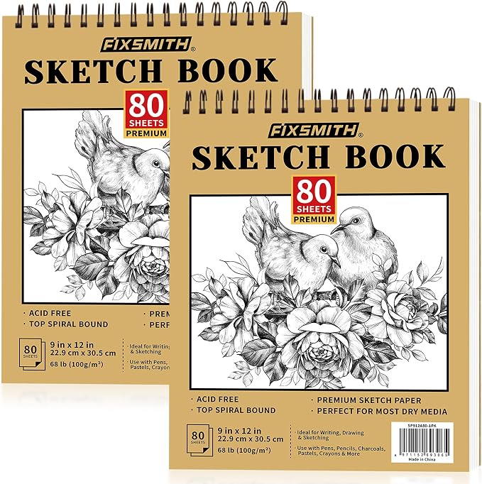 FIXSMITH 9"X12" Sketch Book | 160 Sheets | 2 Pack Sketchbooks | Top Spiral by FIXSMITH