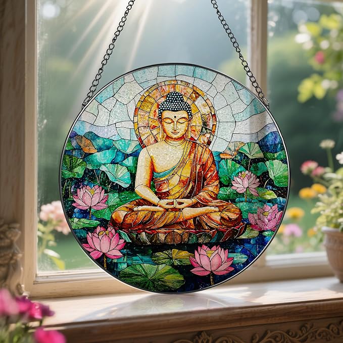 8-Inch Buddha Stained Glass Suncatcher & Ornament, Stained Glass Window Hanging - Image 5