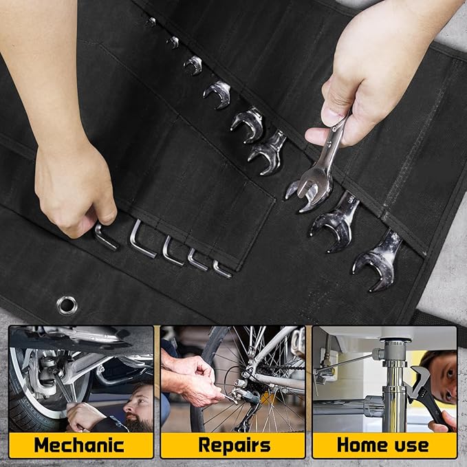 Wrench Roll 32 Pockets, Heavy-Duty 16 oz. Waxed Canvas Wrench Roll Up Bag Holds Wrench Wrap for Metric and SAE Wrenches, Wrench Pouch with Buckles and Handle, Sturdy Wrench Tool roll (Black)