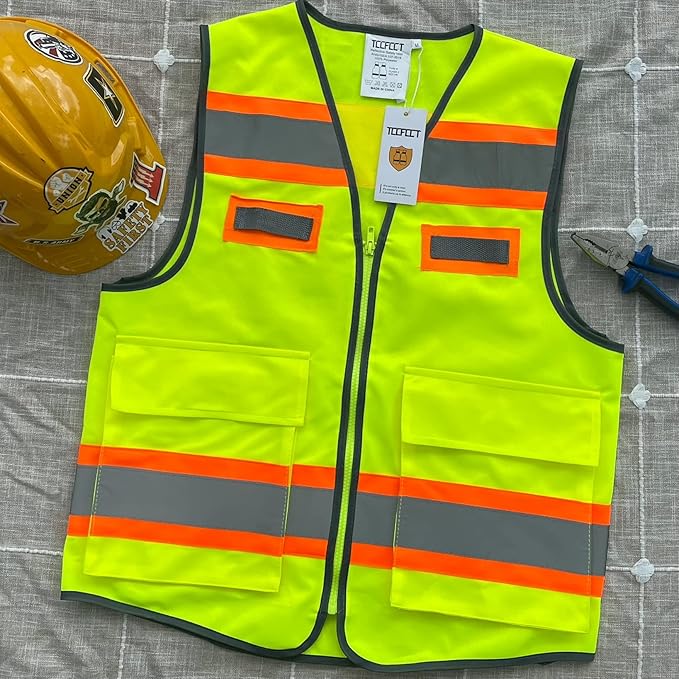TCCFCCT High Visibility Vest with Pockets Reflective Safety Vest for Men Women, Construction Vest with Fluorescent Orange Extend Edge, Meets ANSI/ISEA Standards, Yellow, XXL