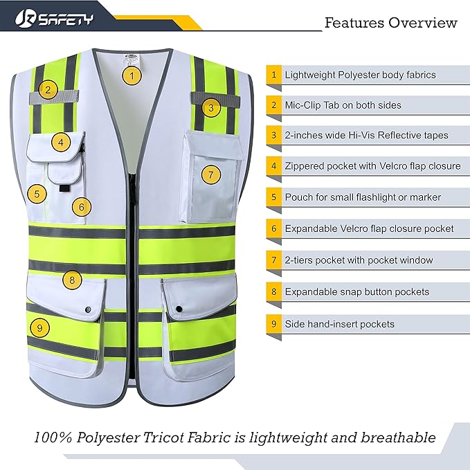 JKSafety 9 Pockets High Visibility Zipper Front Safety Vest | White with Neon Yellow Extended Trims High Reflective Strips | Meets ANSI/ISEA Standards (901-White, 3X-Large)