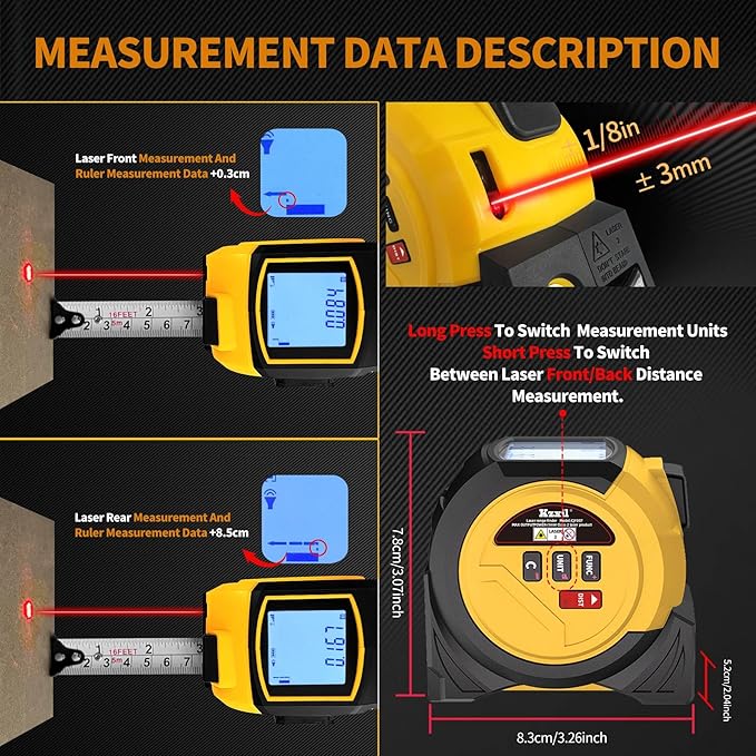 Laser Tape Measure 3 in 1 Laser Rangefinder Tape Measure 135ft Laser Measuring Tape & 16ft Tape Measure for Pythagorean, Area, Volum, Multi-Unit Conversion (Ft/Ft+in/in)