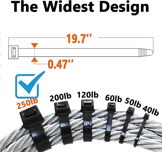 Black Zip Ties Heavy Duty 20 Inch Outdoor, 250lb Extra Large Cable Tie Wraps - Image 2