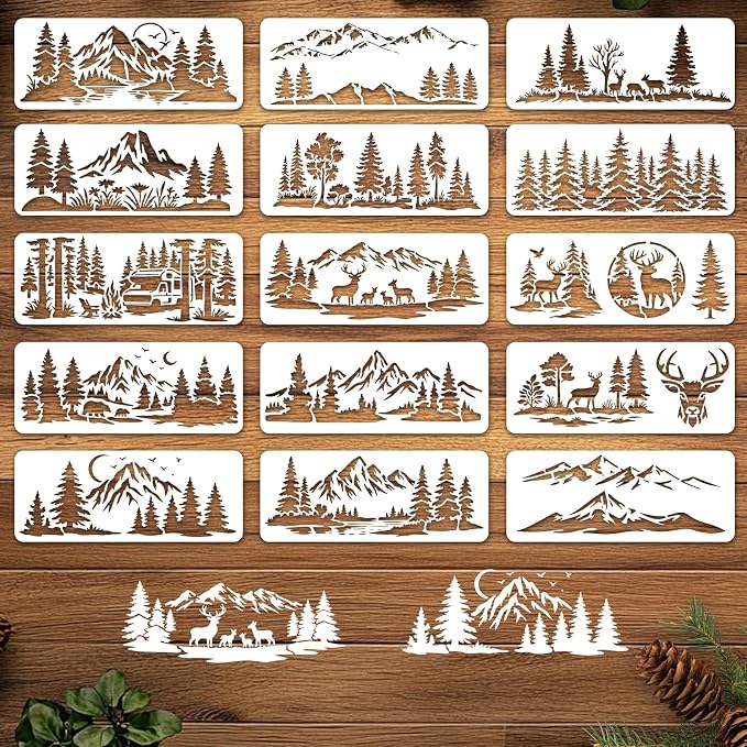 INFUNLY 15Pcs Forest Mountain Painting Stencil by INFUNLY