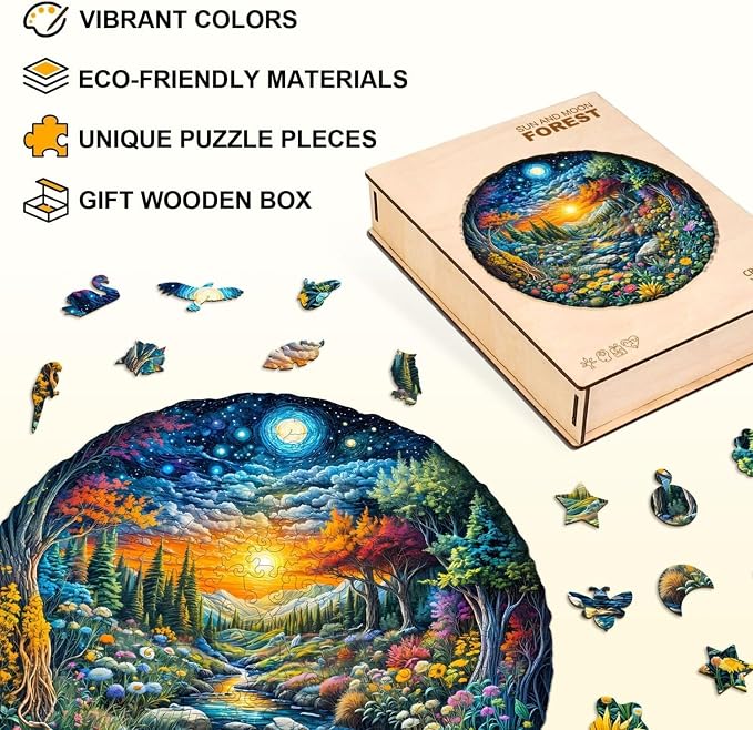 Sun Moon Forest Puzzles Adults Gifts Wooden 200 Pieces 11.4 * 11.4in - Image 3