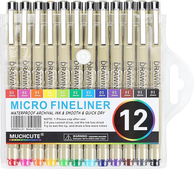 Muchcute 01 Micro Fineliner Drawing Art Pens: 12 Colors 0.25mm Extra Fine Point - Image 7