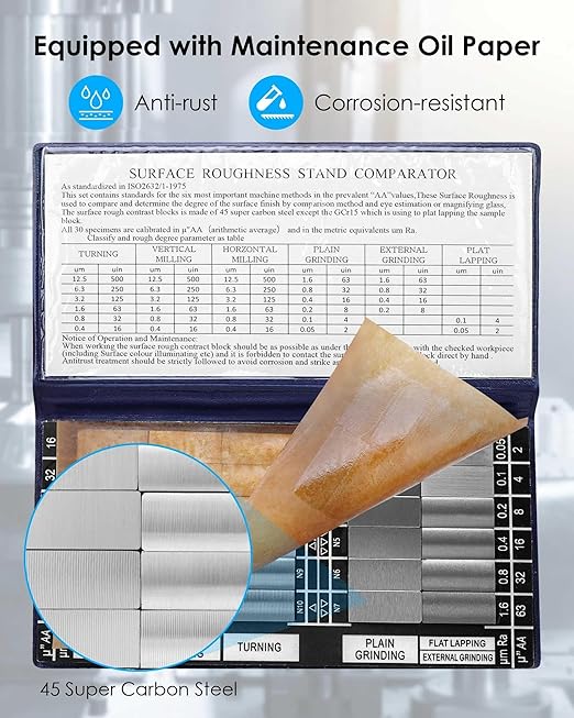 30 Specimens Surface Roughness Standards Set, Surface Finish Comparator Set with Ra0.05-12.5mm Microfinish, for Lathe Manufacturing Machinery Teaching