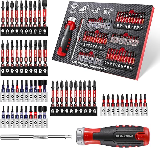 62Pieces Ratcheting Screwdriver Set, 12-in-1 Multi-bit Magnetic Screwdriver Quick-Load Mechanism, S2 Steel Phillips, Slotted, Torx, Square Bits, Impact Bit Holder with Eva Foam Storage Tray