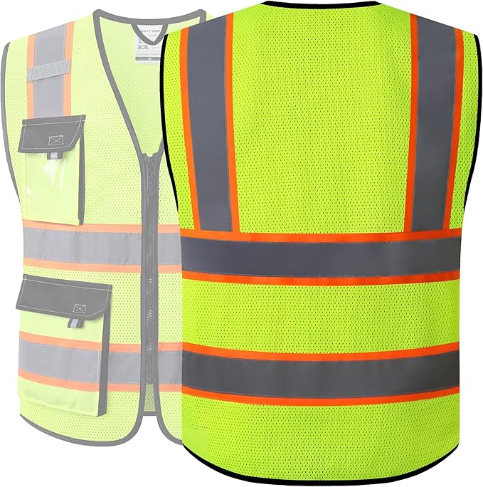 JKSafety Hi Vis Reflective Safety Vests for Men Women High Visibility Vest with Pockets Mesh Fabric Construction Safety Apparel Neon Vest for Work (220-Yellow 4XL)