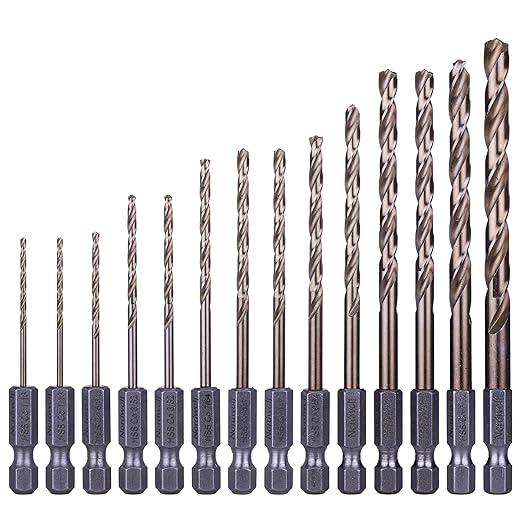 NordWolf 14-Piece M35 Cobalt Drill Bit Set for Stainless Steel, Hard Metals & Cast Iron, Jobber Length with 1/4" Hex Shank, SAE Sizes 1/16" to 1/4" in Storage Case
