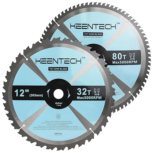 KEENTECH 12 Inch ATB Miter Saw Blade 32T and 80T Assortment for Wood Working, Compatible with 1 Inch Arbor Corded or Cordless Miter Saws (2-Pack)