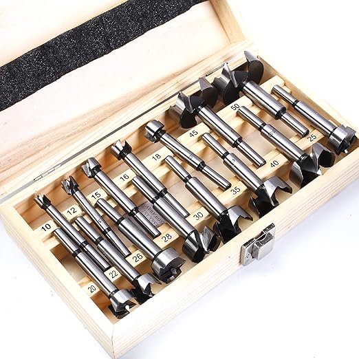MYOYAY 15PCS Forstner Drill Bit Set Metric 10-50mm 2/5-2 Inch Carbon Steel Wood Punching Bits Woodworking Hole Saw Flat Wing Drilling Bits with Wooden Storage Box