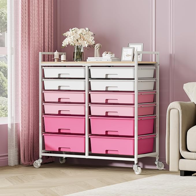 Rolling Storage Cart with 12 Drawers, Wooden Tabletop Utility Cart - Image 9