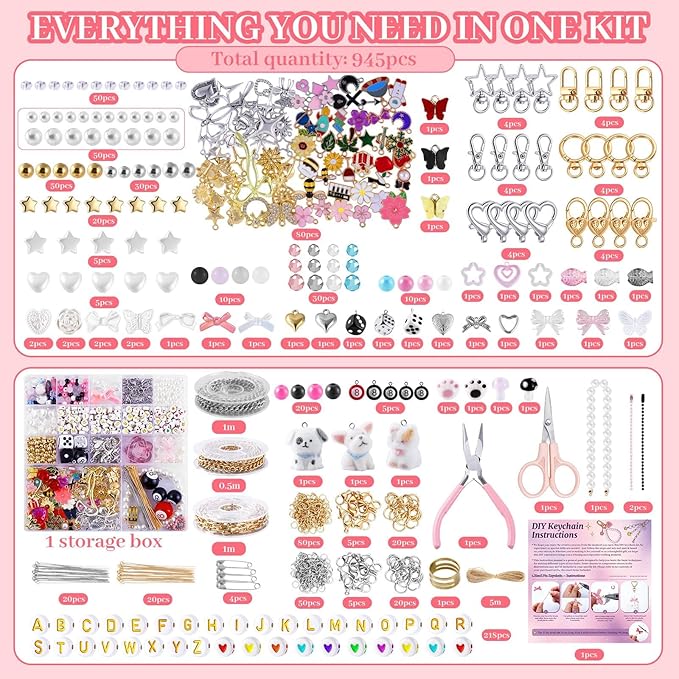 Wurosi 945 Pcs Bag Charm Kit, Charms Lip Gloss Keychain Making Kit, Beaded - Image 2