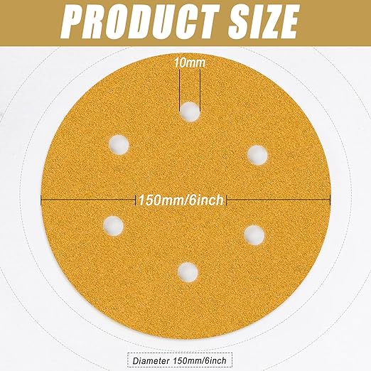 6 Inch - 6 Hole Hook and Loop Sanding Discs 120 Grit, Random Orbital Sandpaper for Automotive and Woodworking - 100 Pack