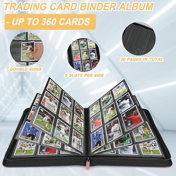 360 Cards Ringless 9-Pocket Side Loading Trading Card Binder, PU Zipper Fixed - Image 5