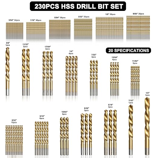 230 Pcs Drill Bit Set(1/16“-1/2”), 135° Tip Titanium Coated High Speed Steel, Twist Drill Bit Kit for Iron, Aluminum Alloy, Copper, Wood, Plastic, with Hard Storage