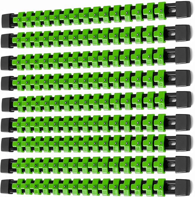 ALOANES 9 PC ABS Socket Organizer, 3/8 inch, Drive Socket Rail Holders, Heavy Duty Socket Racks, Black Rails with Green Clips