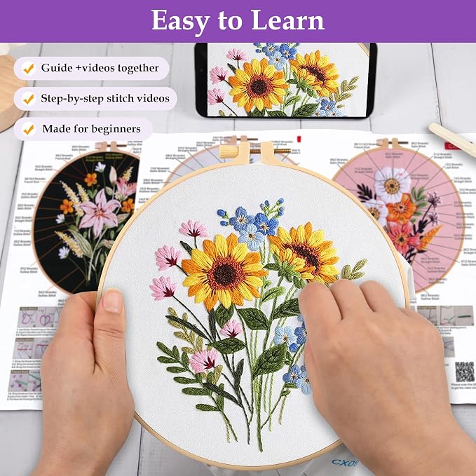 Uniartfy 3 Sets Embroidery Kit for Adults, Flower Pattern Embroidery Practice - Image 3