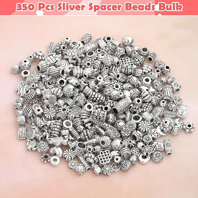350 Pcs Silver Spacer Beads for Jewelry Making, Mixed Bulk Random Styles Metal - Image 2