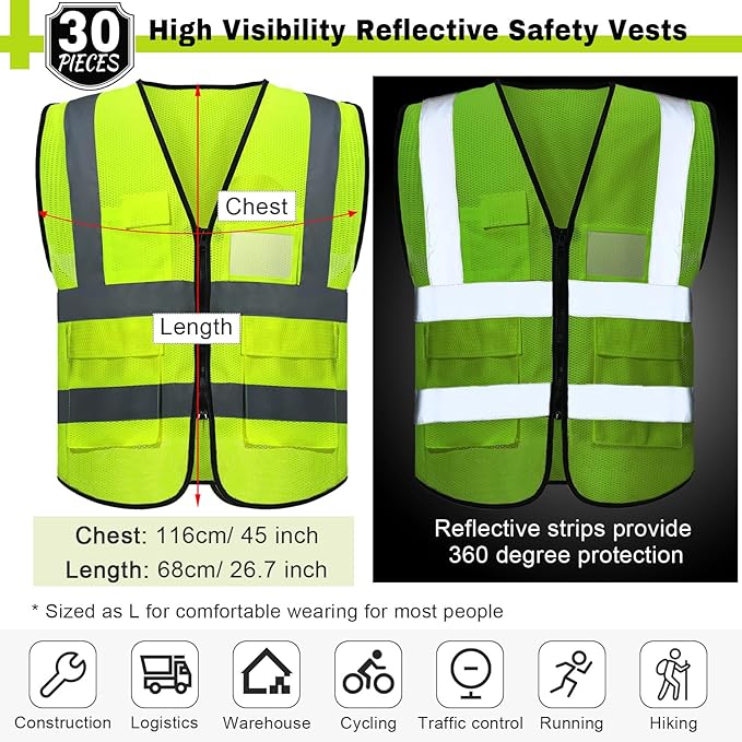 JaGely 30 Pack Reflective Safety Vests with Pockets, High Visibility Mesh Construction Vest for Men Women, Neon Yellow, Size L