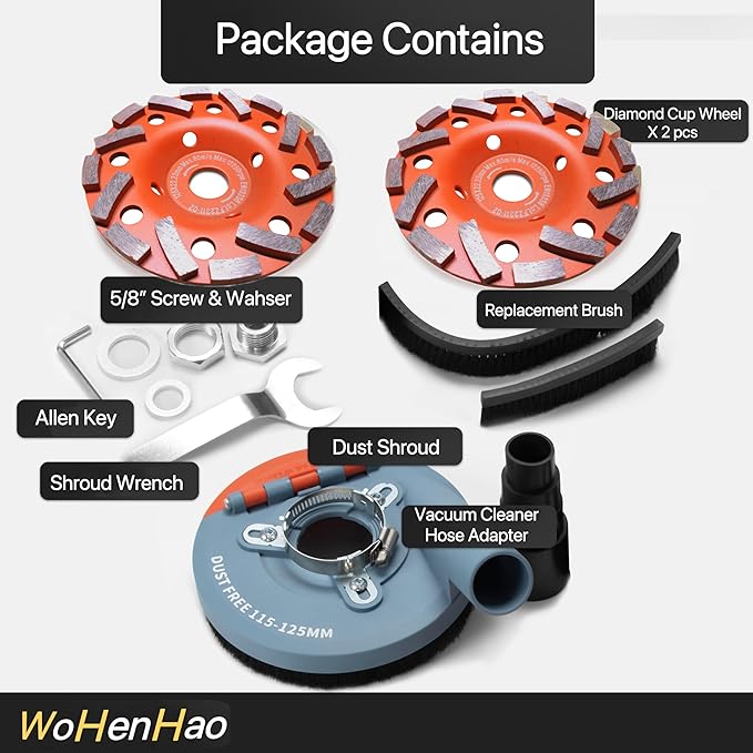 Dust Shroud for Angle Grinder 4.5-5 inch + 2 PCS Diamond Grinding Cup Wheel 5 inch + Replacement Brush, Universal Surface Grinding Shroud Kit for Various Surfaces