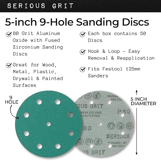 5-Inch 9-Hole 80 Grit Sanding Discs - Heavy-Duty Hook & Loop Film Discs - Sandpaper for Random Orbital Sanders - 50 Pack Box