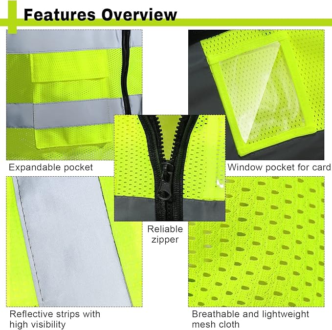 JaGely 6 Pack Reflective Safety Vests with Pockets, High Visibility Mesh Construction Vest for Men Women, Neon Yellow, Size L
